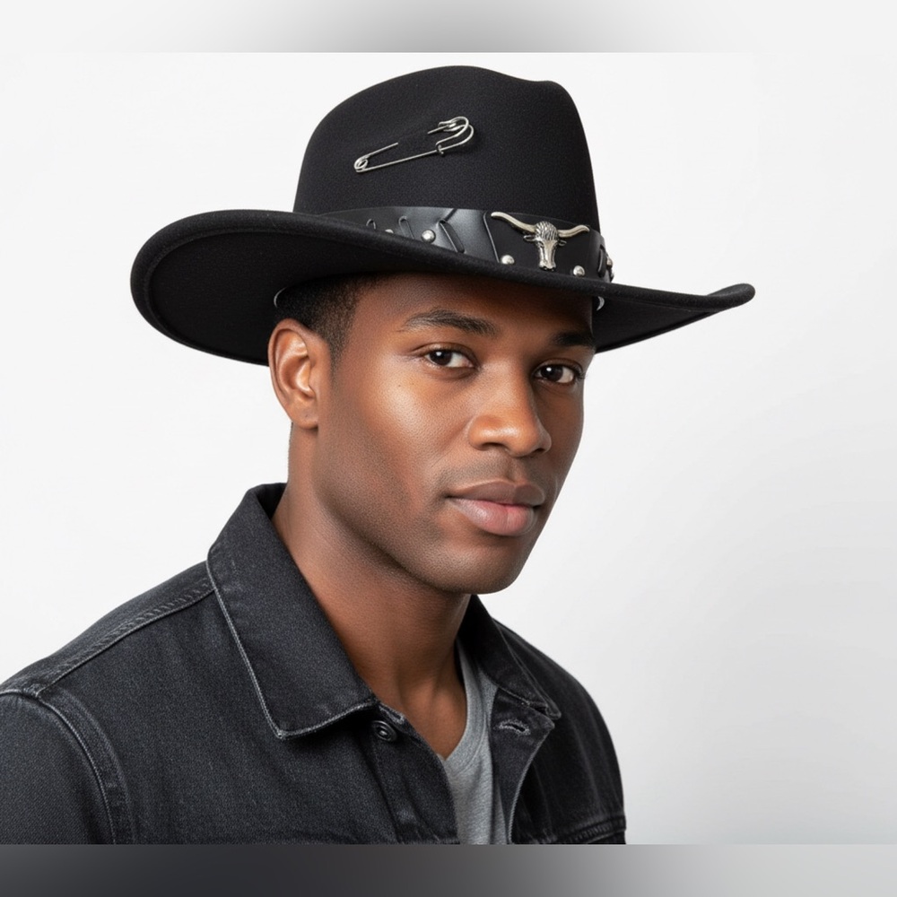 Custom Black Western Hat with Feather and Bull Skull Band and card accent